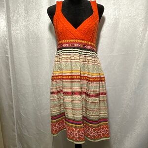 Free People Boho Knit Bodice Embroidered Midi Dress Size 4 Orange Multicolor